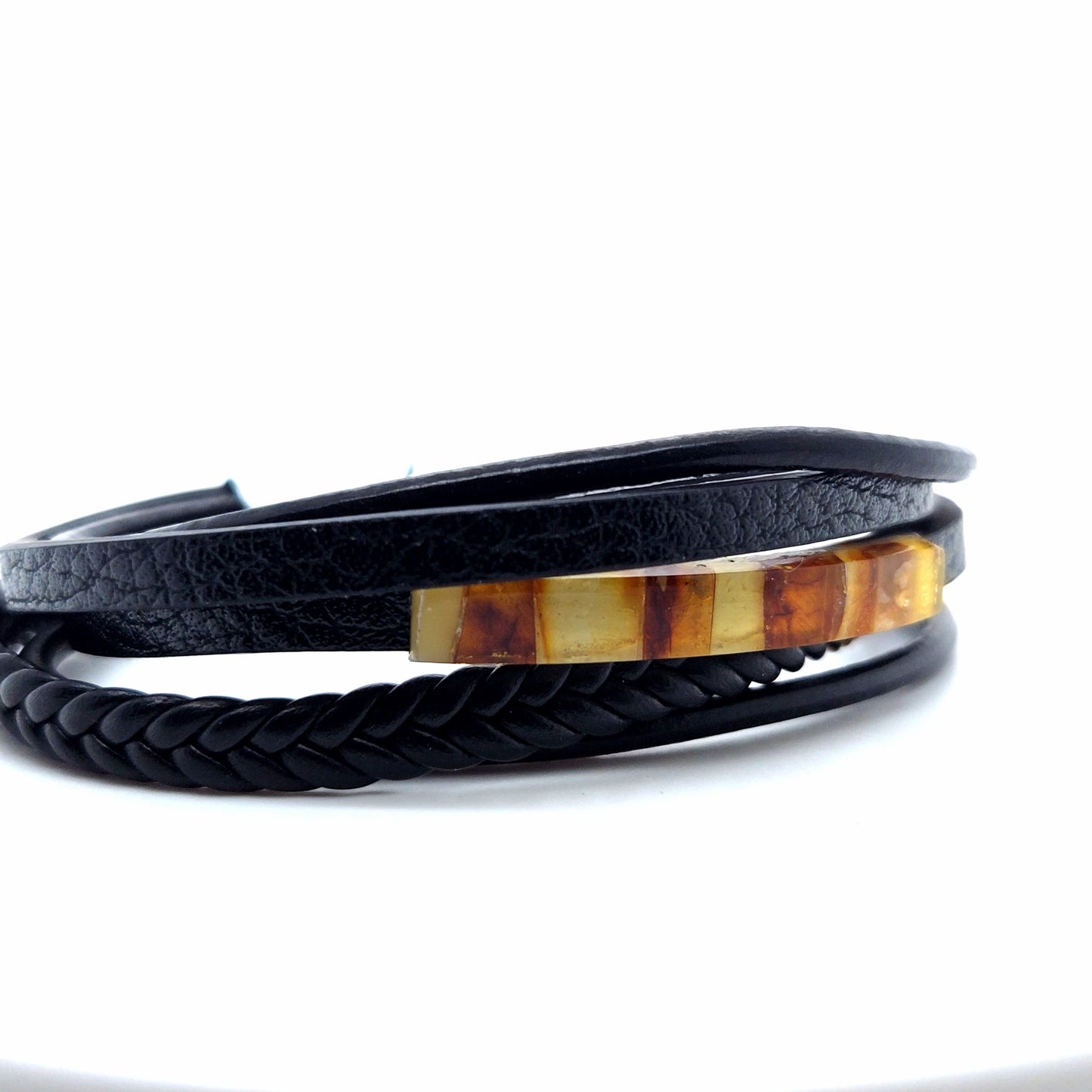 Unisex Lederarmband mit baltischem Bernstein – Robust & Stilvoll