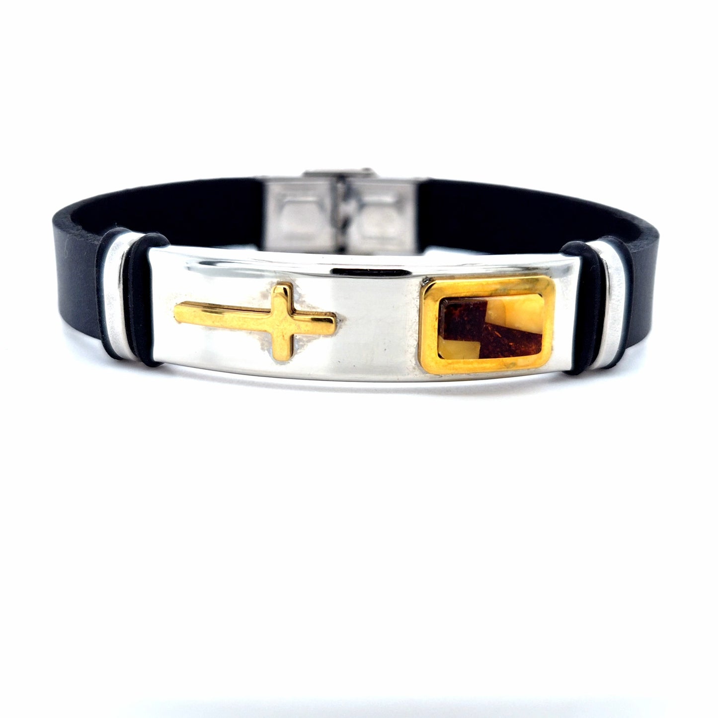 Men's leather bracelet with metal elements and amber