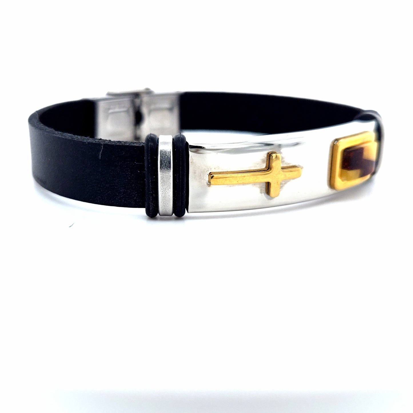 Men's leather bracelet with metal elements and amber