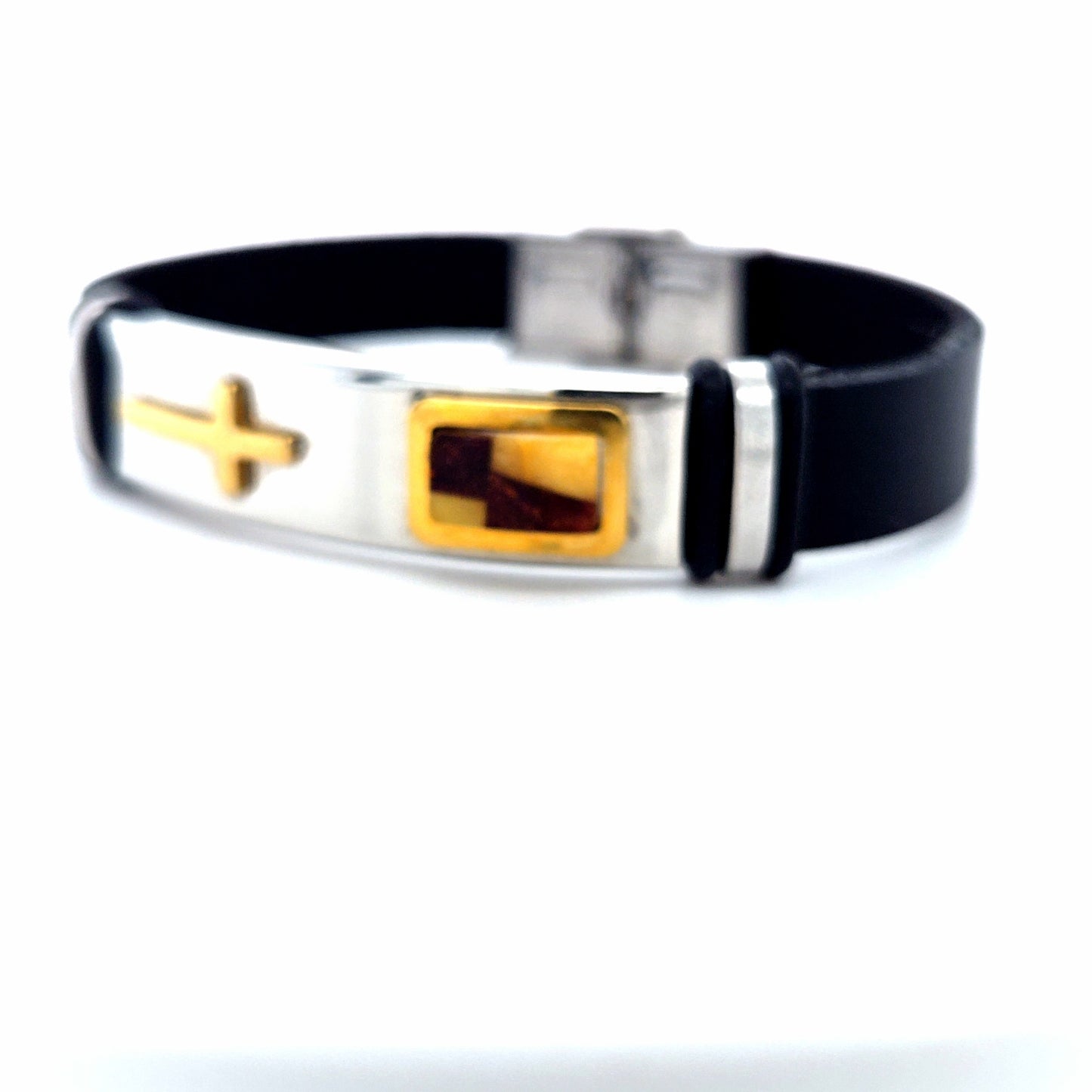 Men's leather bracelet with metal elements and amber