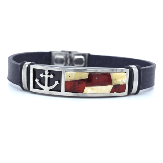 Leather Bracelet with Amber Anchor Stainless Steel Men's