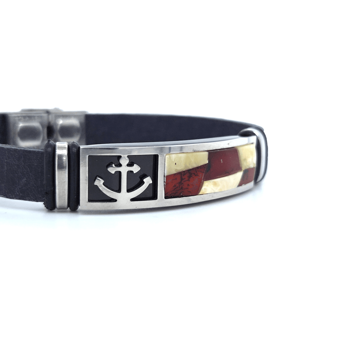 Leather Bracelet with Amber Anchor Stainless Steel Men's