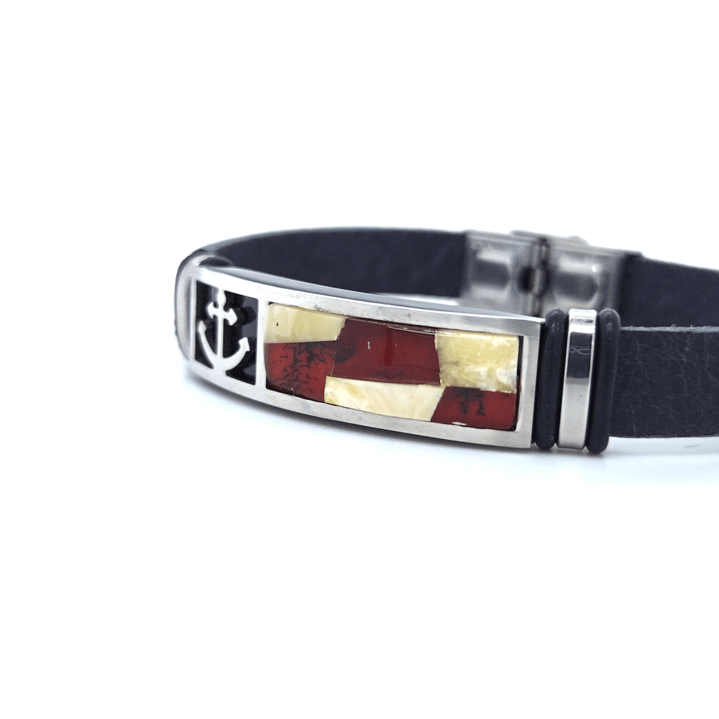 Leather Bracelet with Amber Anchor Stainless Steel Men's