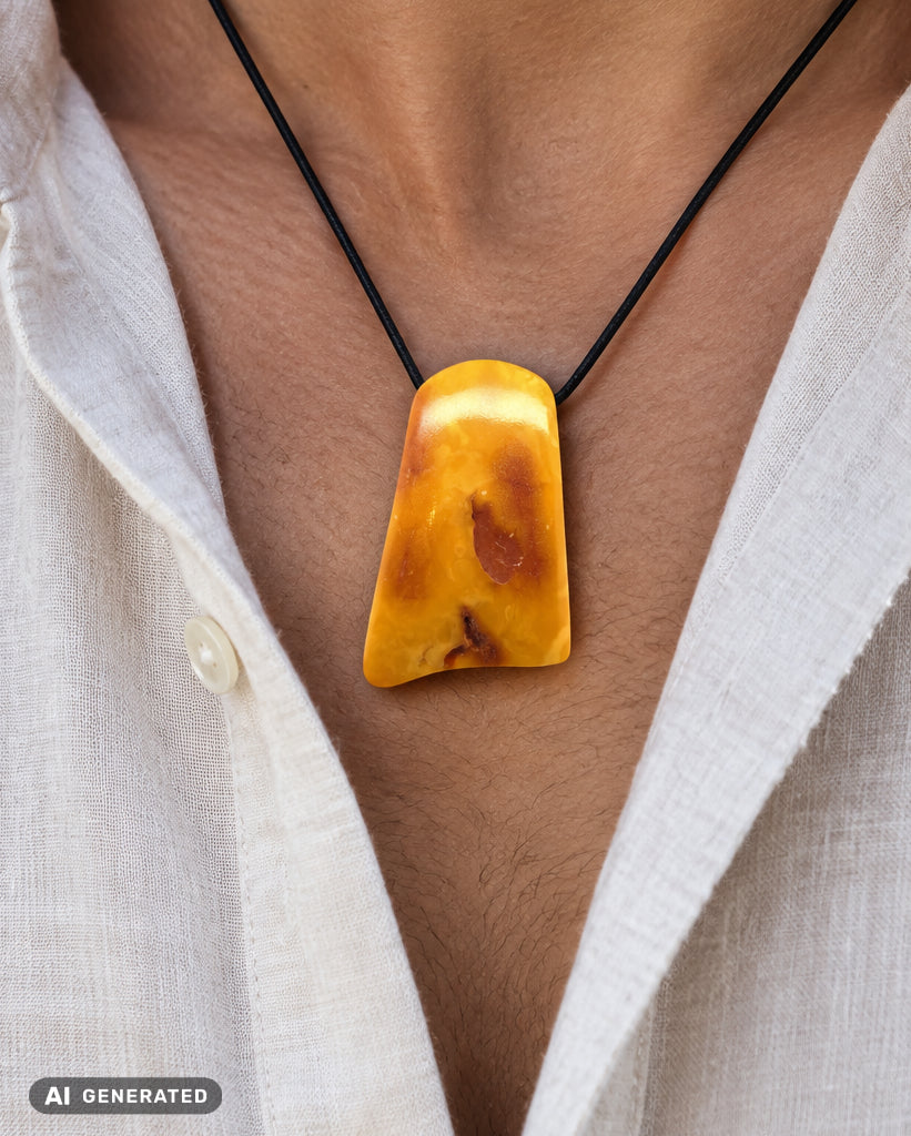 Minimalistischer Bernsteinanhänger in Orange an Lederkette – handgemacht, Unisex