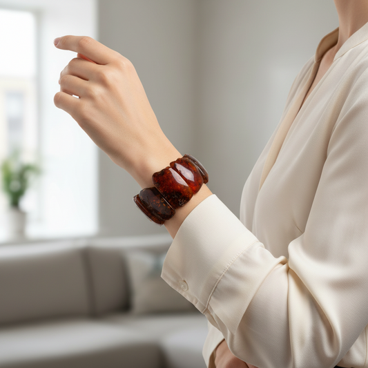 Wide amber bracelet for women – truly unique, 20 cm elastic
