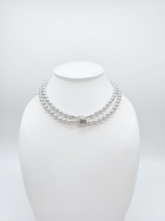 Vintage zweireihiges Perlencollier aus silbergrauen Zuchtperlen mit Zirkonia-Schmuckschließe
