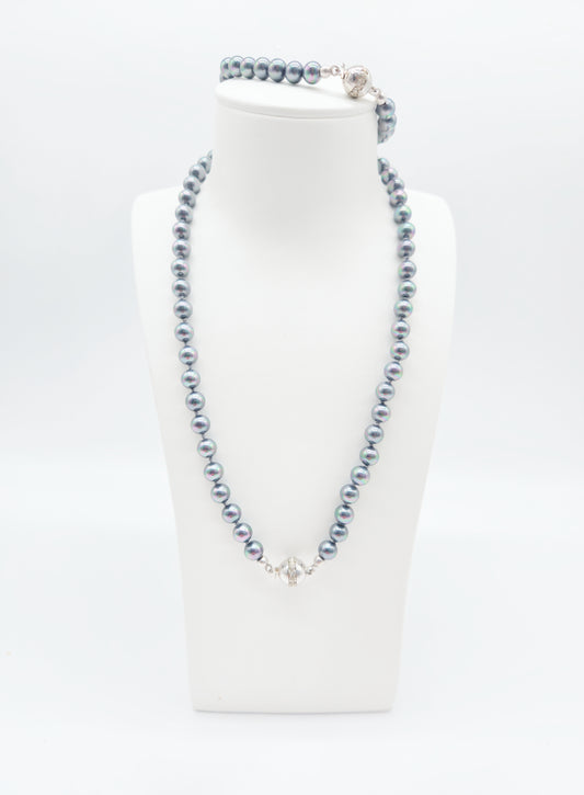 Perlen-Schmuckset aus dunkelgrauen Zuchtperlen – Collier & Armband mit Zirkonia-Verschluss