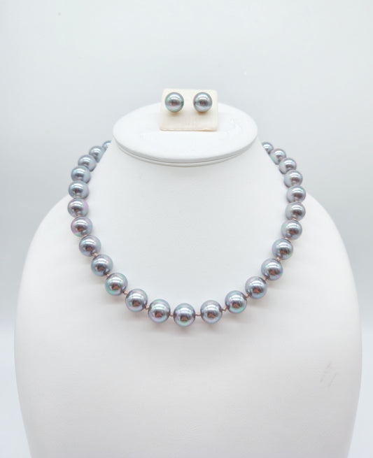 Vintage Perlen-Schmuckset: Collier & Ohrstecker aus großen silbergrauen Zuchtperlen