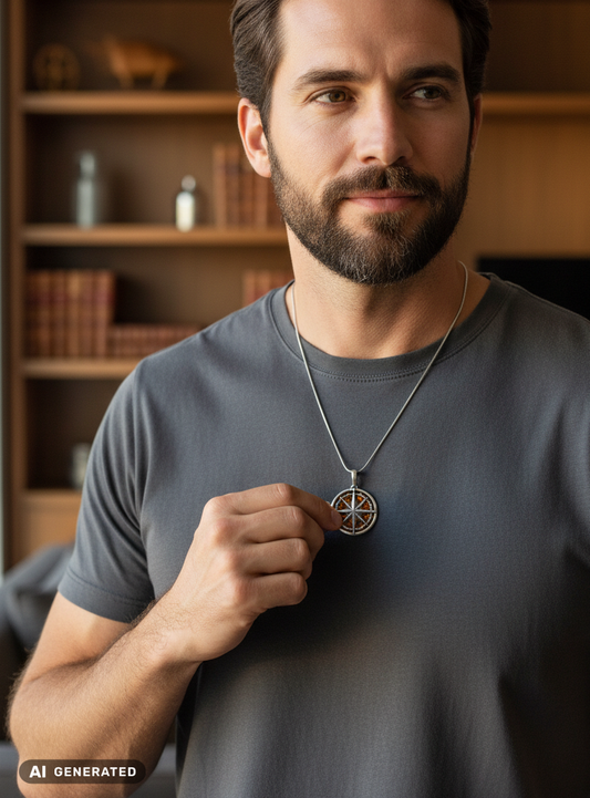 Boussole avec véritable ambre – pendentif élégant unisexe