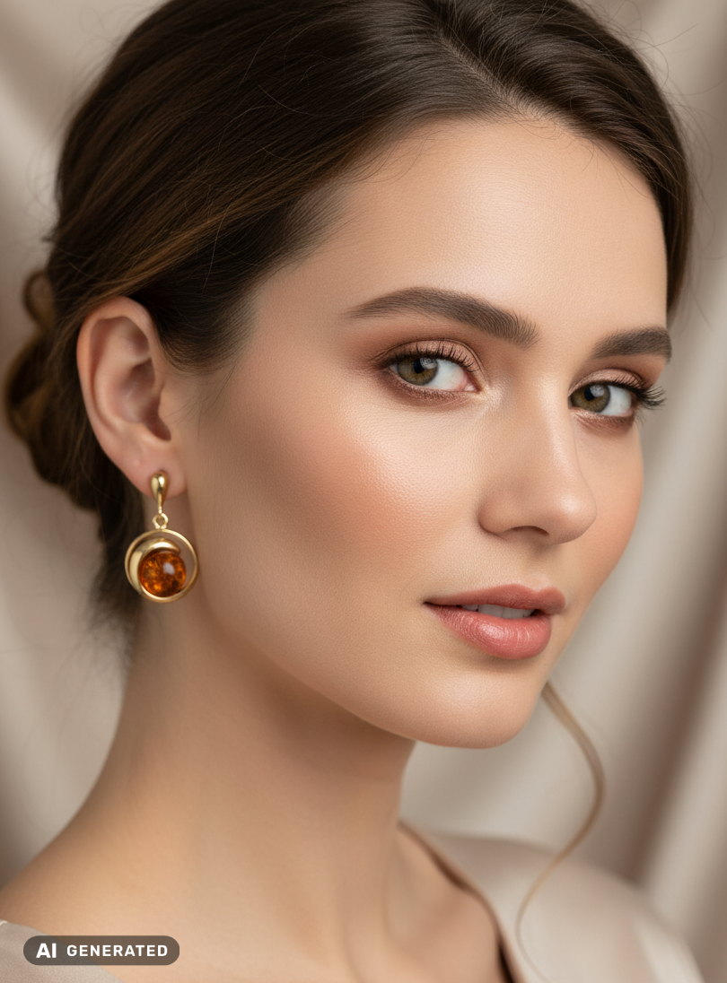 Boucles d'oreilles plaquées or avec ambre rondes et stylées
