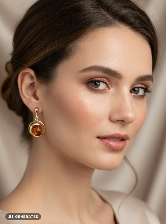Boucles d'oreilles plaquées or avec ambre rondes et stylées