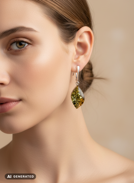 Boucles d’oreilles en argent et ambre vert rare