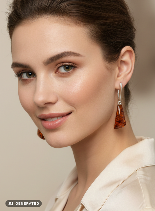 Boucles d’oreilles trapèze en argent 925 et ambre de la Baltique