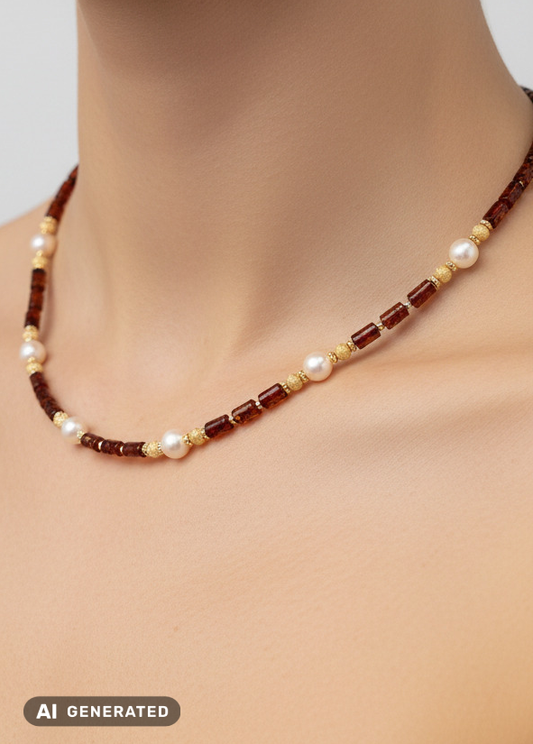 Collier en ambre et perles argent 925 doré