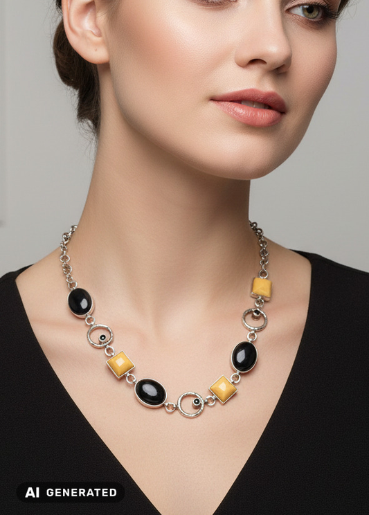 Collier ambre-onyx avec fermoir mousqueton en argent