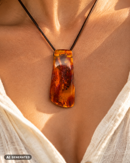 Schlanker Bernsteinanhänger in Orange, 6 cm – am Lederband, Handarbeit, Unisex