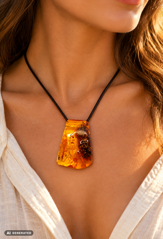 Bernsteinanhänger Orange mit Sonnenflitter an Lederband – handgemacht, Unisex