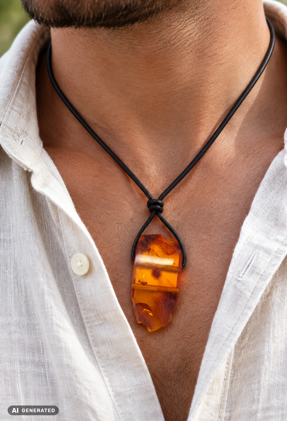 Flacher Bernsteinanhänger in Orange an Lederband – federleicht, handgemacht, Unisex