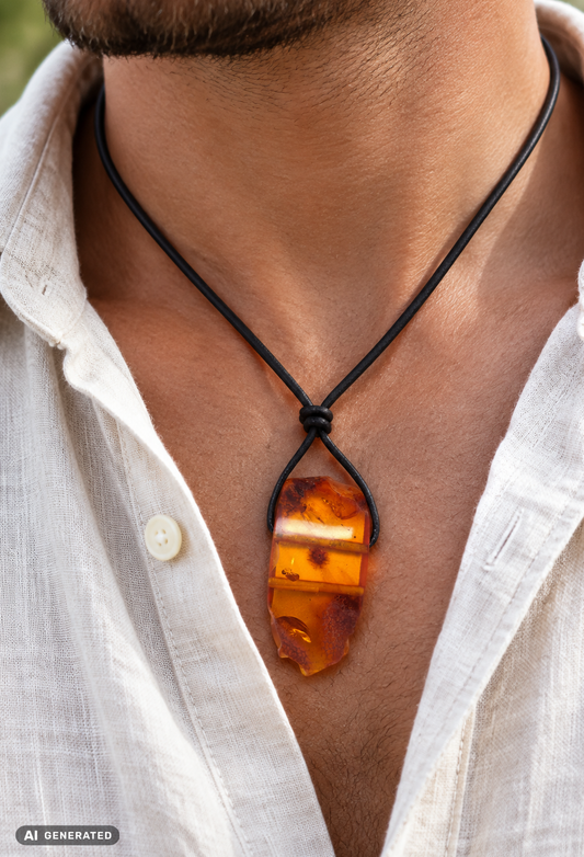 Flacher Bernsteinanhänger in Orange an Lederband – federleicht, handgemacht, Unisex