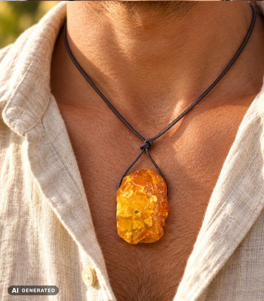 Sonnengelber Bernstein-Talisman an Lederkette – handgemacht, für Sie & Ihn