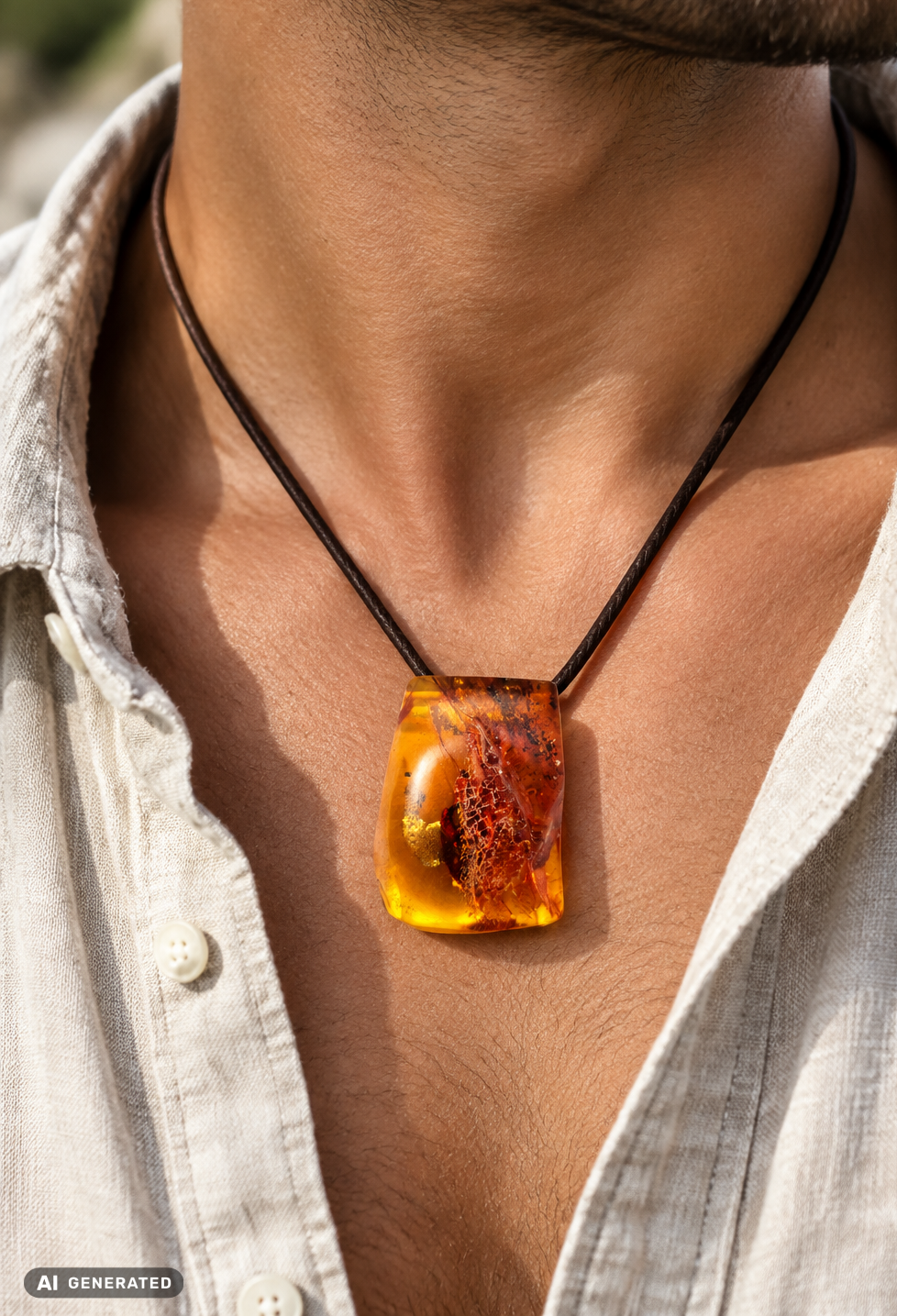 Lederkette mit orangem Bernstein-Anhänger – handgemacht, für Damen & Herren