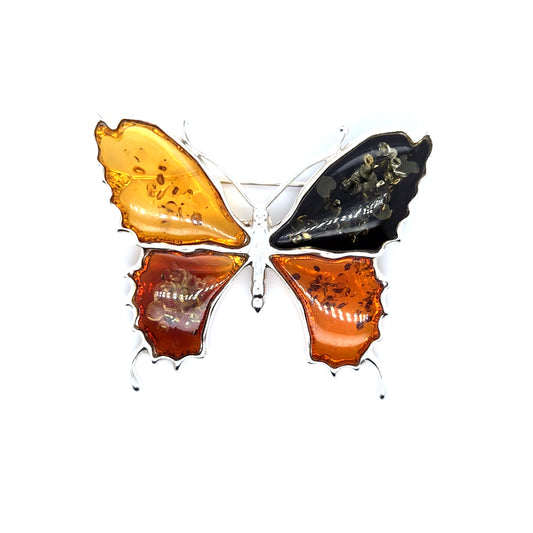 Schmetterling Brosche aus 925er Silber mit buntem Bernstein