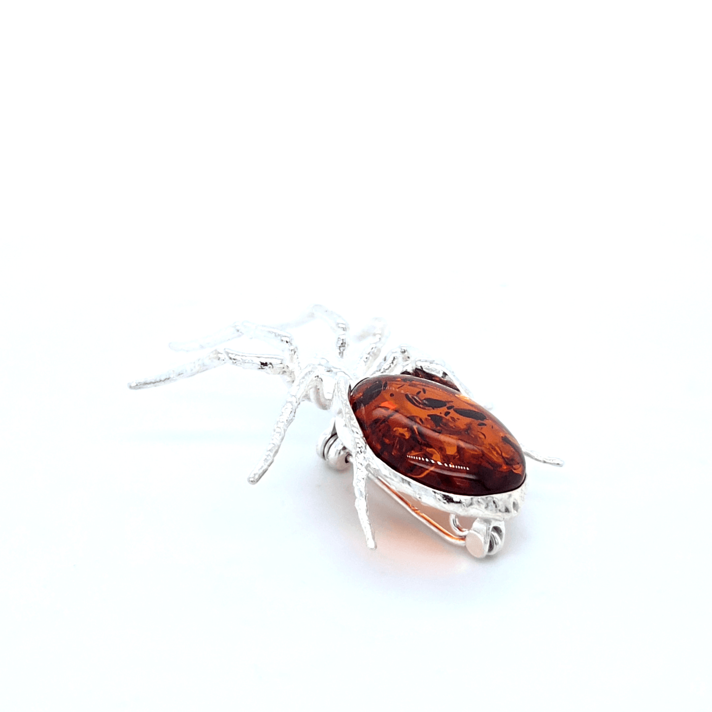 Artistic Spider Brooch in Silver and Amber