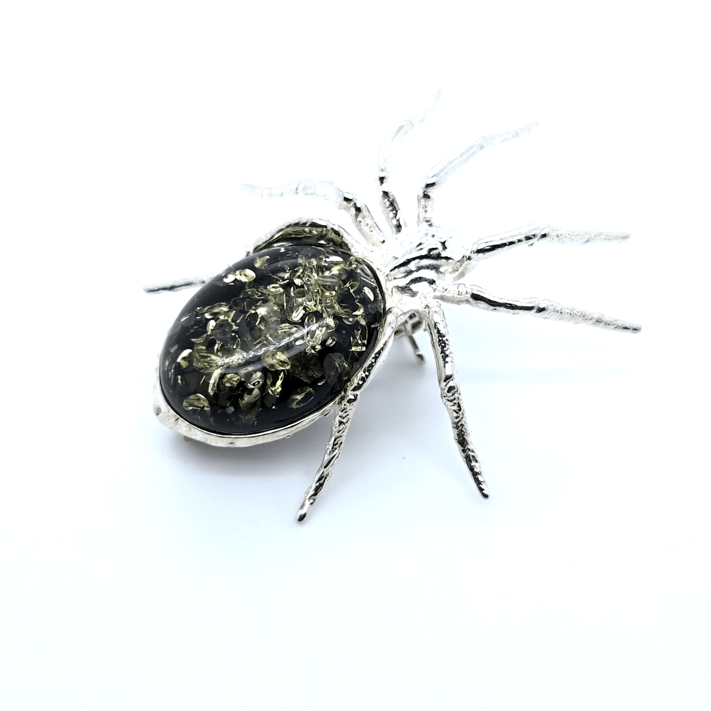Artistic Spider Brooch in Silver and Amber