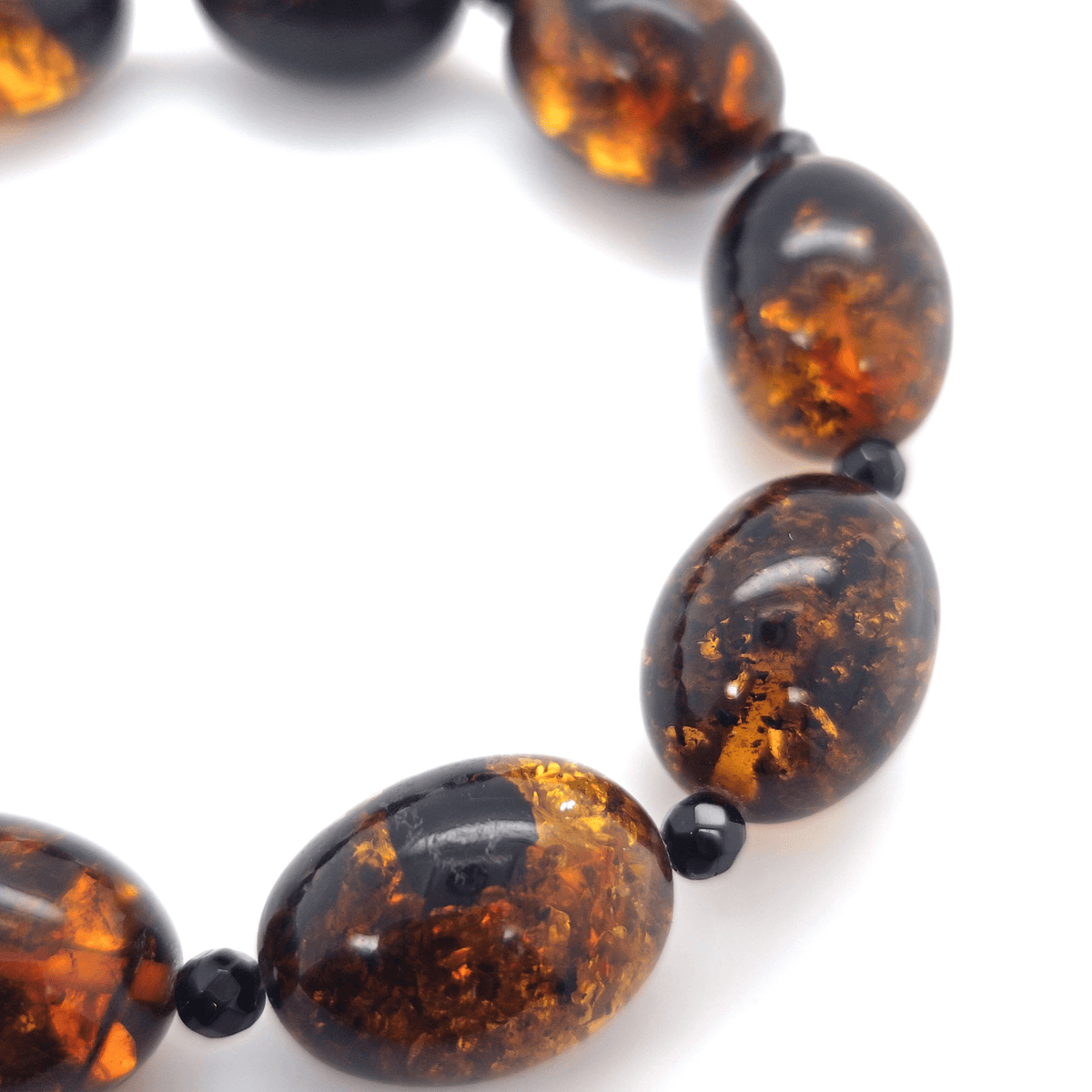 Braunes Bernsteinarmband mit Sonnenflitter in Orange & Gold – elastisch, Ostsee-Bernstein