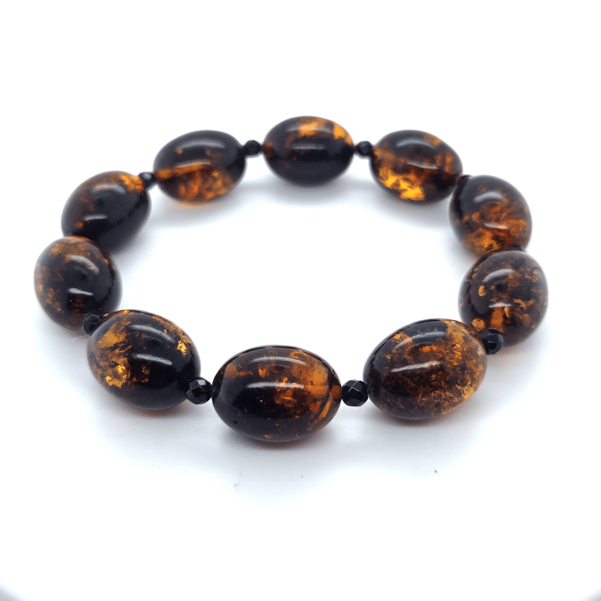 Braunes Bernsteinarmband mit Sonnenflitter in Orange & Gold – elastisch, Ostsee-Bernstein
