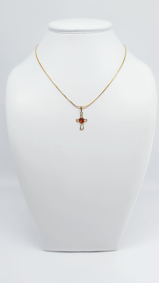 Elegantes Kreuz – Vergoldetes Silber & Bernstein