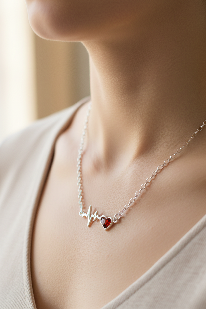 Liefdesbewijs ketting: hartslagcurve met natuurstenen hart
