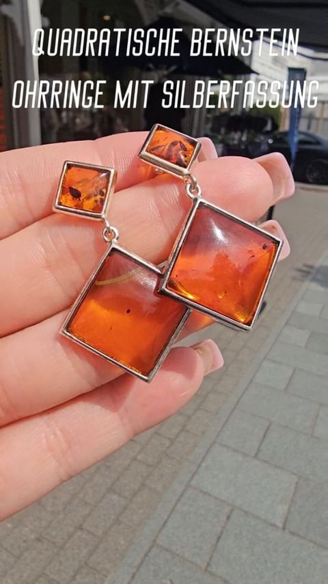 Square amber earrings with silver setting