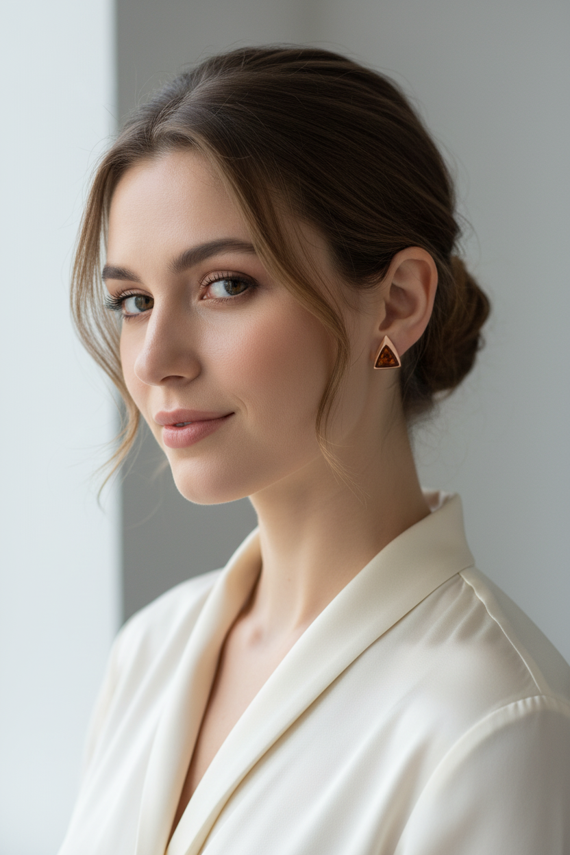 Orange amber stud earrings – triangular design