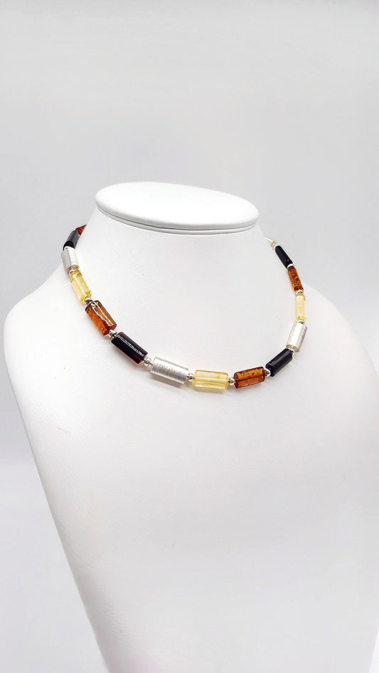 Designer Collier aus echtem Bernstein und Silber