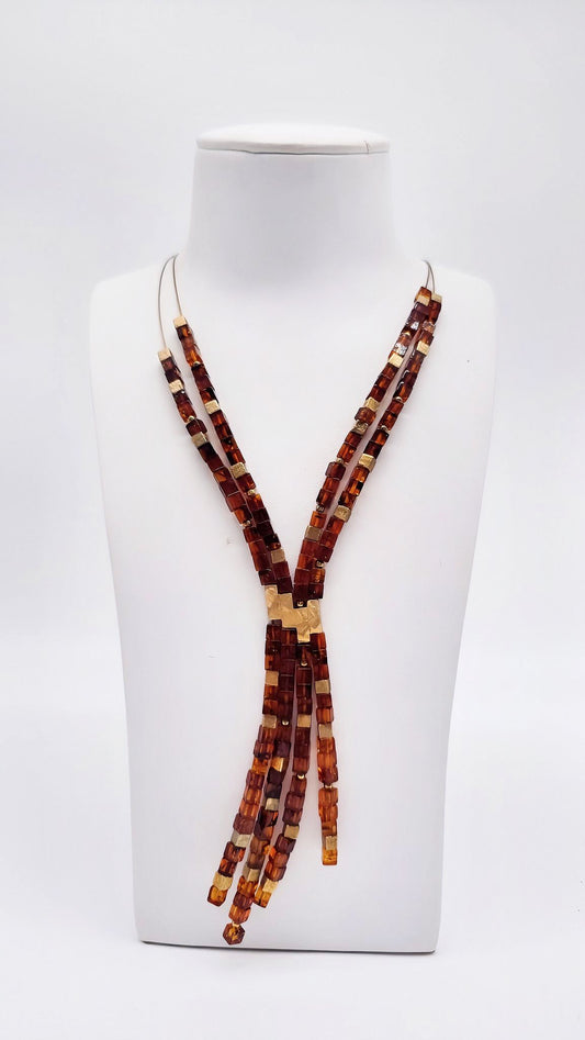Unikates Bernstein Collier mit vergoldetem Silber 50+5 cm