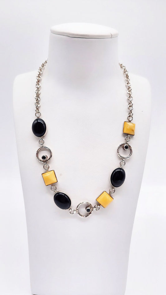 Bernstein-Onyx Collier mit Silber Karabinerverschluss