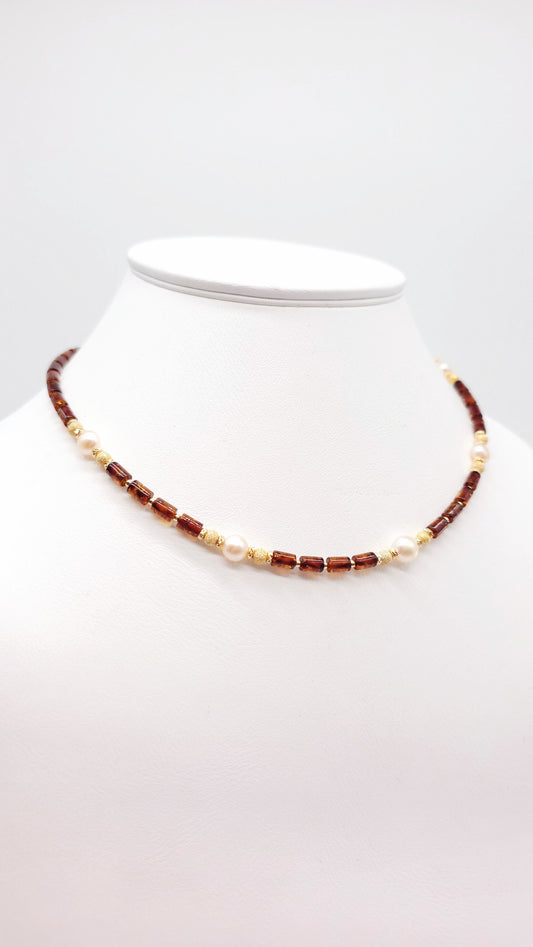 Collier Bernstein & Perlen 925 Silber vergoldet
