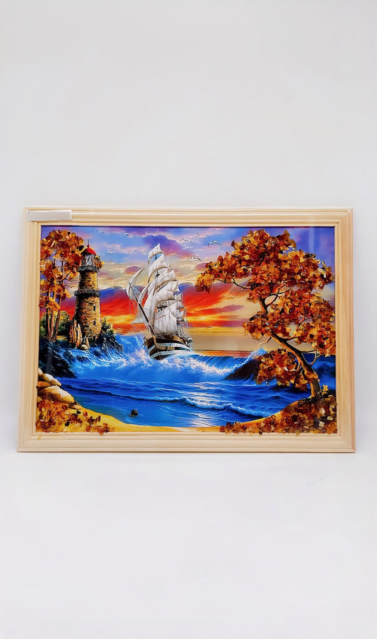 Goldene Stunde am Meer – Kunstwerk mit Segelschiff