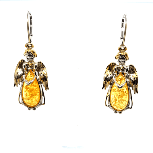 Echter Bernstein Engel Ohrringe 925 Silber lang