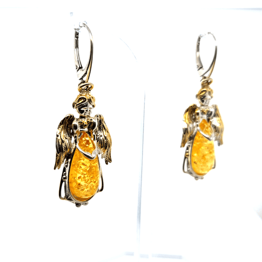 Echter Bernstein Engel Ohrringe 925 Silber lang