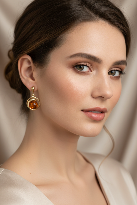 Gold-plated earrings with stylish round amber