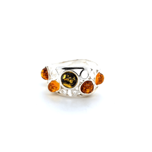 Artistieke zilveren ring met gekleurde barnsteen