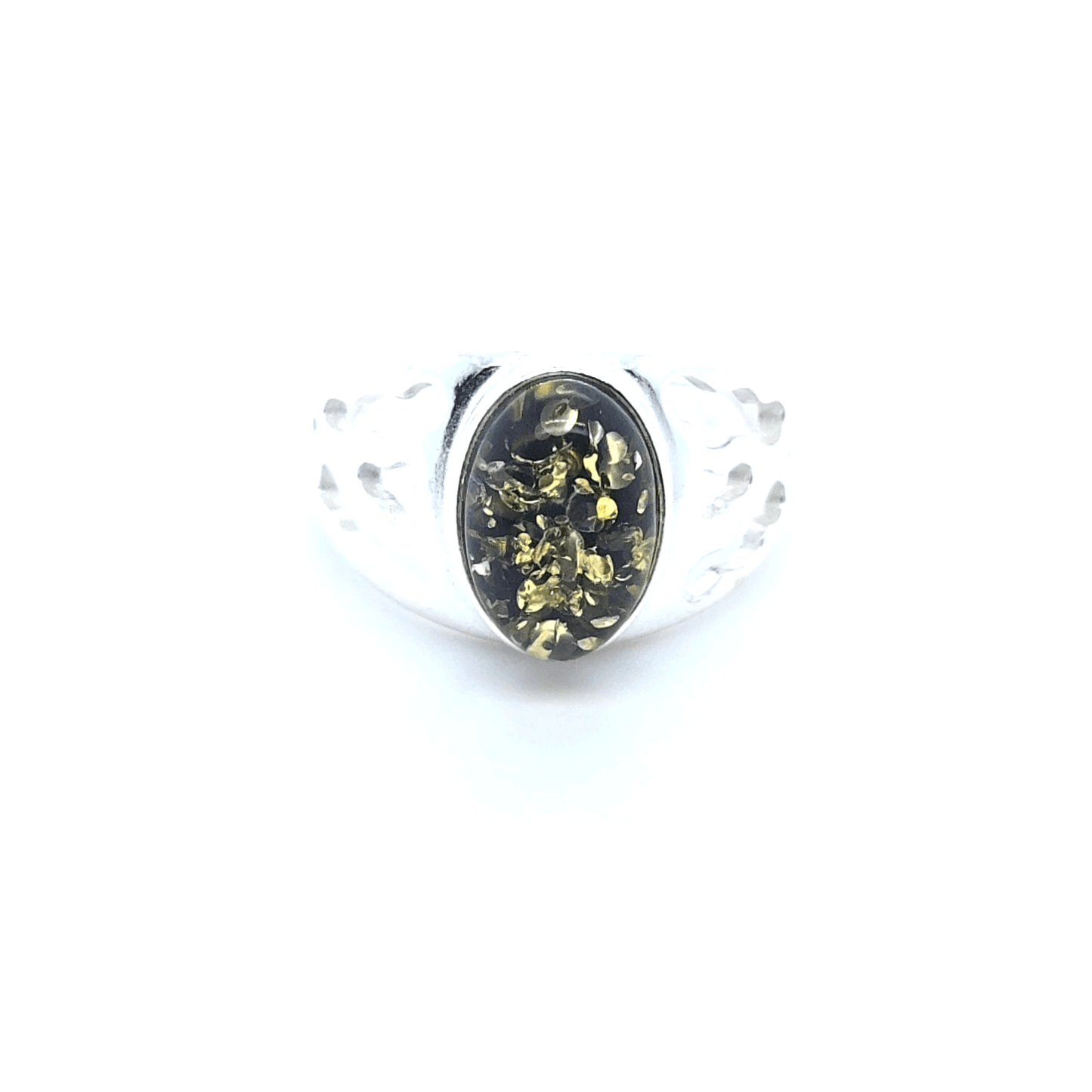 Groene barnsteen ring ovaal gezet