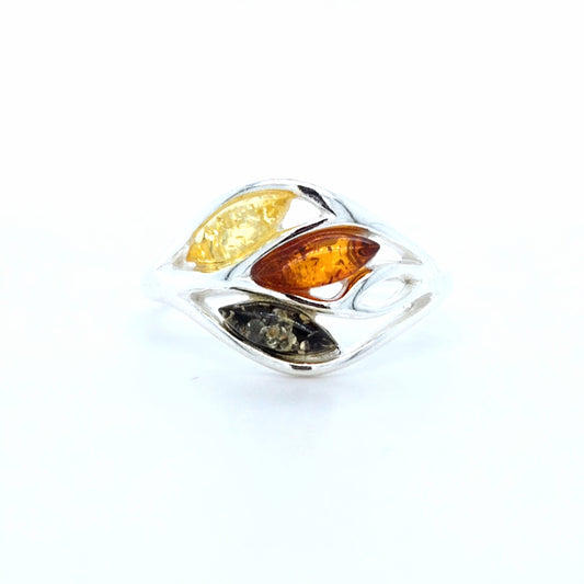 Design-Silberring mit Bernstein – Filigrane Blatt-Optik