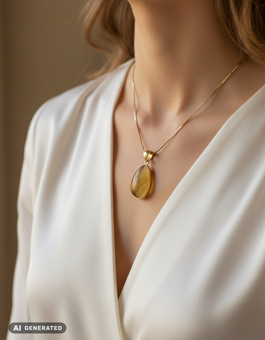 Vergoldeter Milchbernstein Anhänger: Tropfen-Unikat in 24K Gold & Silber