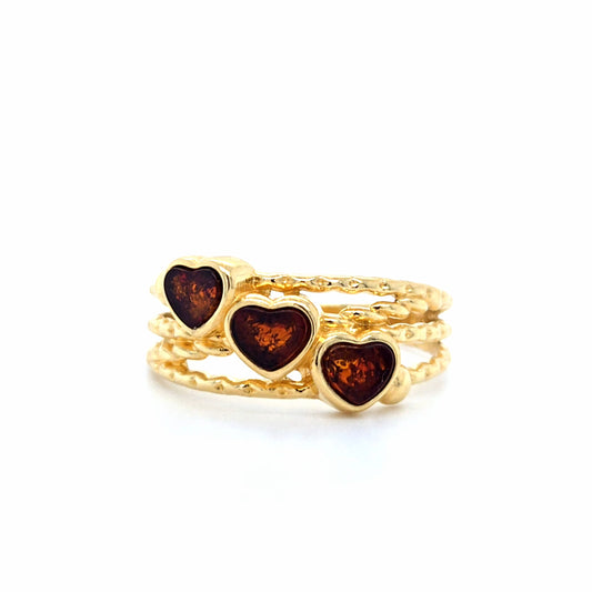 Bague avec trois cœurs : plaqué or 24 carats & ambre baltique