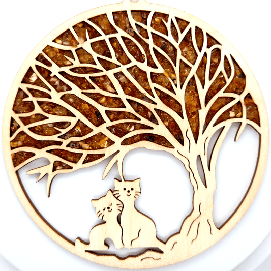 Katzen Mandala aus Bernstein und Holz