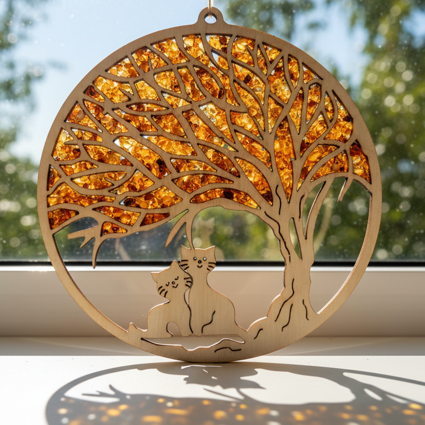 Kattenmandala van barnsteen en hout
