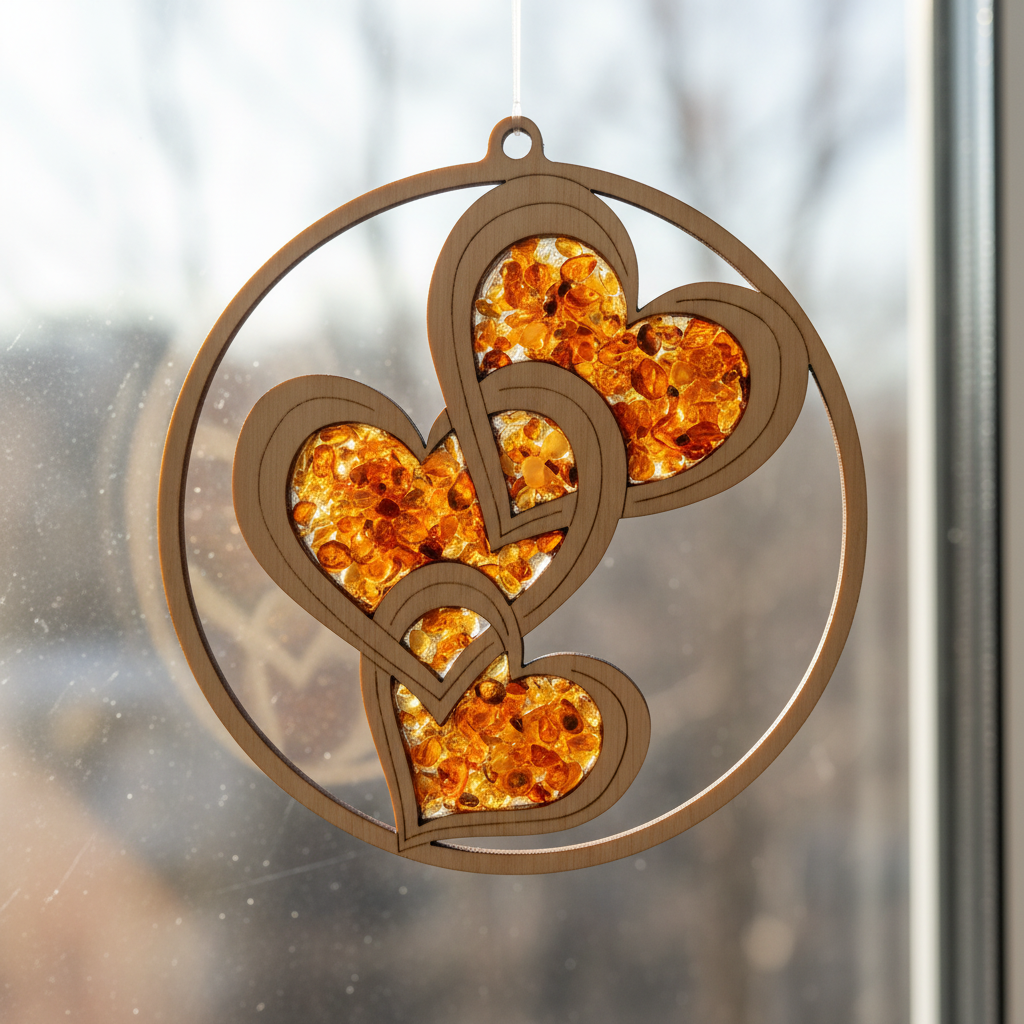 Heart Mandala made of Amber and Wood